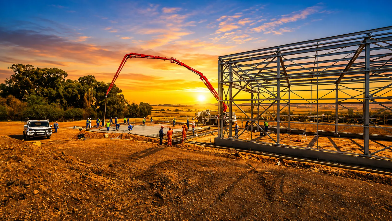 Concrete being pumped beside a new steel frame